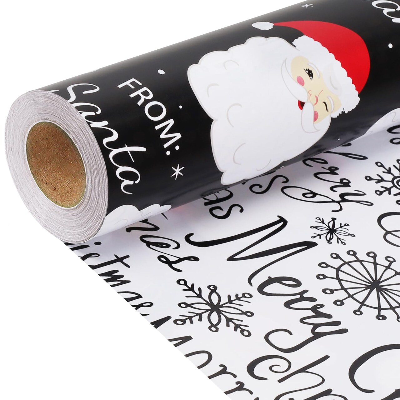 Black Santa Christmas Wrapping Paper, Reversible Holiday Gift Wrap with Classic From Santa & Merry Christmas Design for Kids, Season Party, Xmas Presents, 17 Inch X 33 Feet
